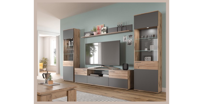 Meuble TV 2 portes et 1 tiroir – Gris anthracite et chêne clair – SELMA 