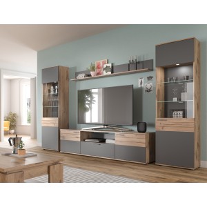 Meuble TV 2 portes et 1 tiroir – Gris anthracite et chêne clair – SELMA 