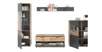 Ensemble de salon complet : Meuble TV, vitrine, buffet haut et étagère – Gris anthracite et chêne clair – SELMA 