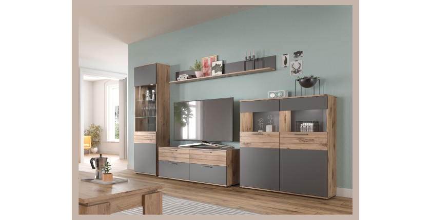 Ensemble de salon complet : Meuble TV, vitrine, buffet haut et étagère – Gris anthracite et chêne clair – SELMA 