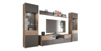 Ensemble de salon complet : Meuble TV, 2 vitrines + étagère – Gris anthracite et chêne clair – SELMA 