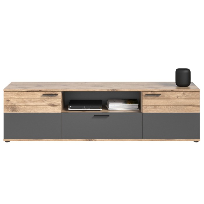 Ensemble de salon complet : Meuble TV, 2 vitrines + étagère – Gris anthracite et chêne clair – SELMA 