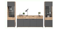 Ensemble de salon : 2 vitrines et un buffet – Gris anthracite et chêne clair – SELMA 