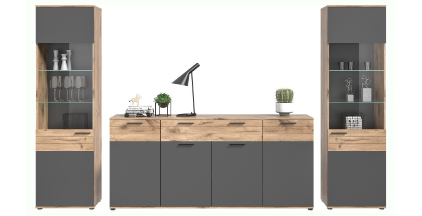 Ensemble de salon : 2 vitrines et un buffet – Gris anthracite et chêne clair – SELMA 
