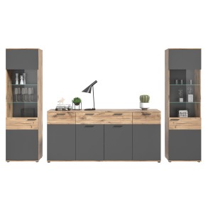 Ensemble de salon : 2 vitrines et un buffet – Gris anthracite et chêne clair – SELMA 