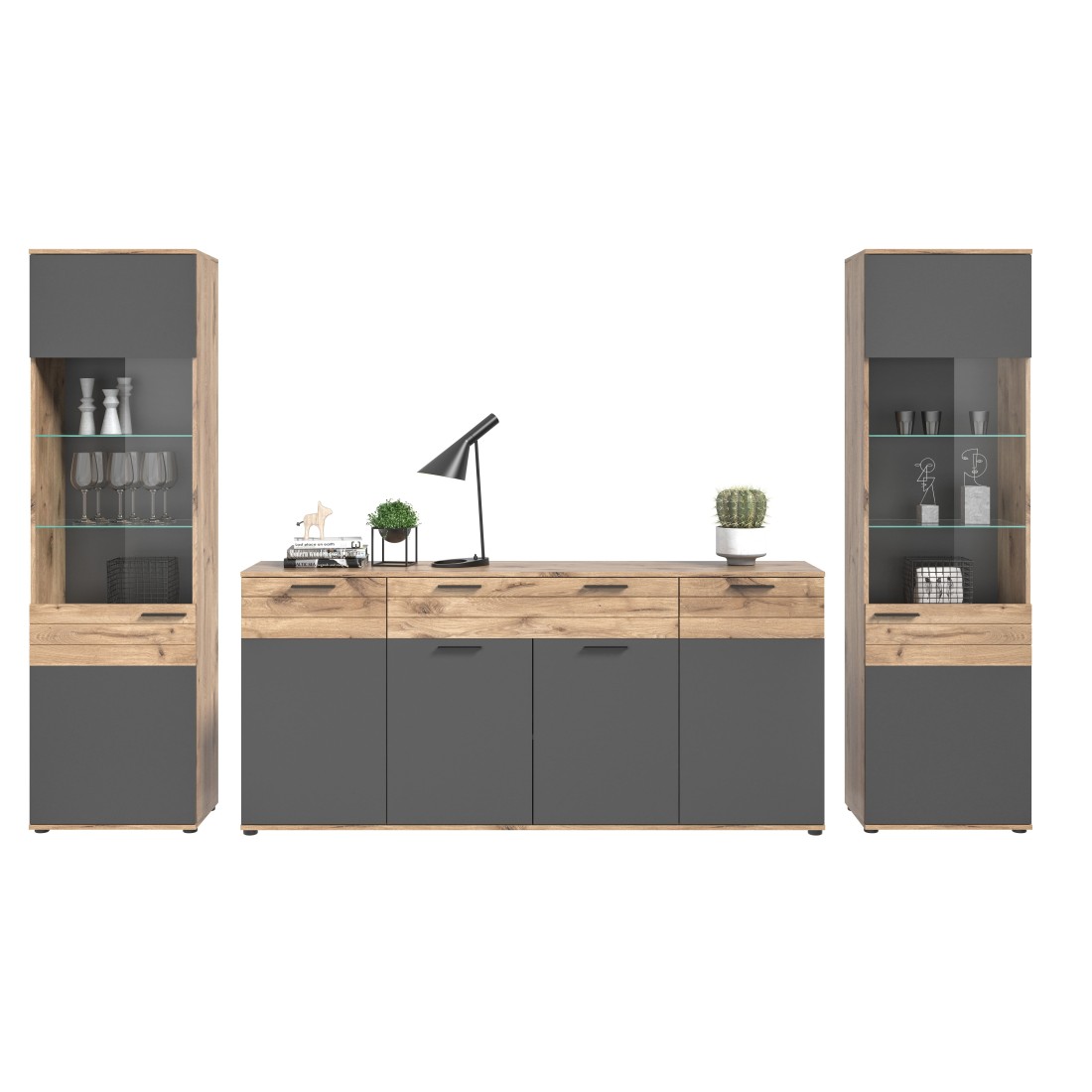Ensemble de salon : 2 vitrines et un buffet – Gris anthracite et chêne clair – SELMA 
