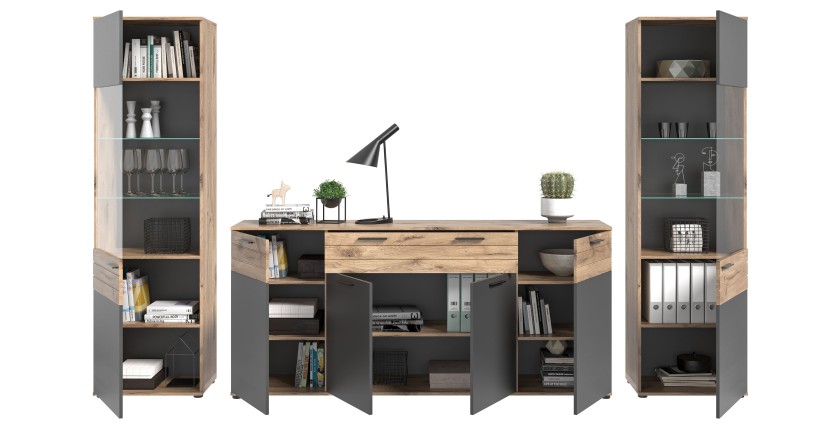 Ensemble de salon : 2 vitrines et un buffet – Gris anthracite et chêne clair – SELMA 