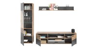 Ensemble de salon : Meuble TV + Vitrine + étagère – Gris anthracite et chêne clair – SELMA 