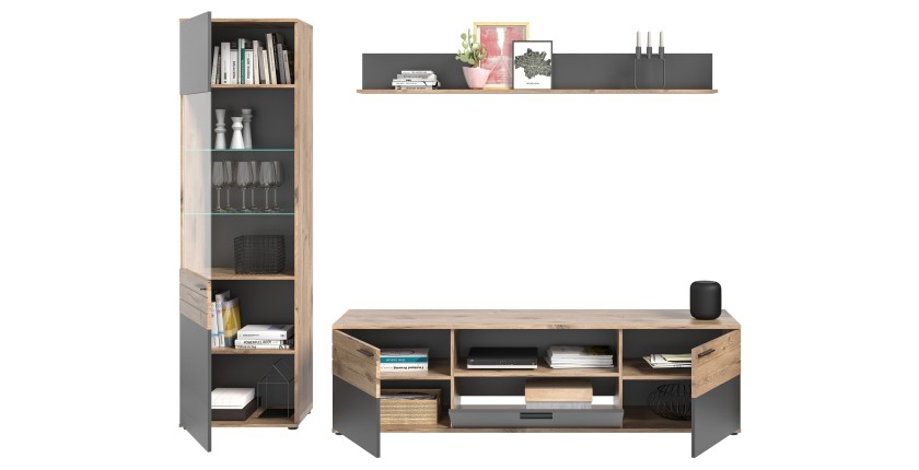 Ensemble de salon : Meuble TV + Vitrine + étagère – Gris anthracite et chêne clair – SELMA 