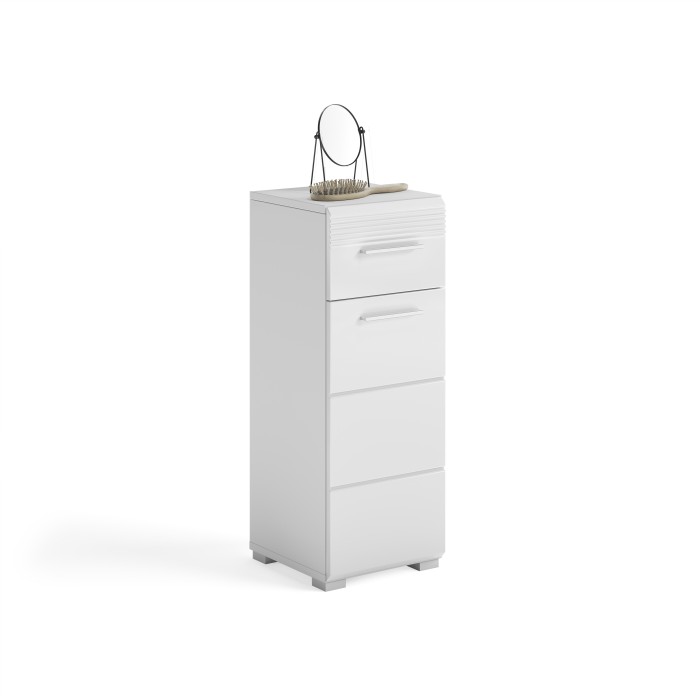 Meuble de rangement de salle de bain 1 porte et 1 tiroir – Blanc Laqué – KLEANKIN 