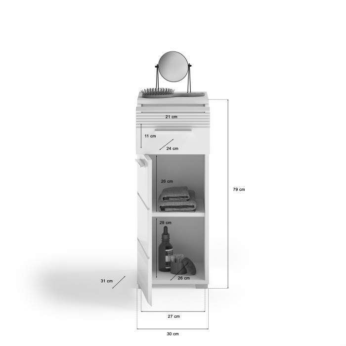 Meuble de rangement de salle de bain 1 porte et 1 tiroir – Blanc Laqué – KLEANKIN 