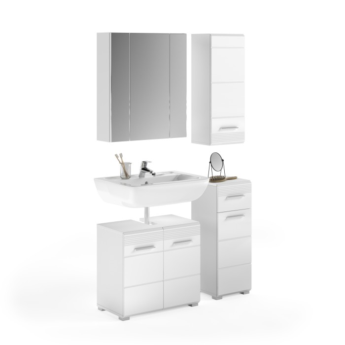 Ensemble de meuble de salle de bain : Meuble sous vasque + 2 demi colonne + Meuble de rangement avec miroir – Blanc laqué – KLEA