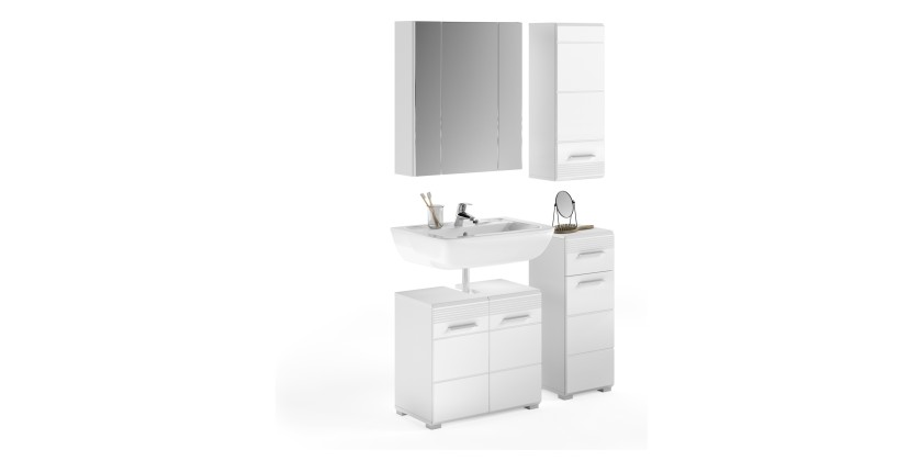 Ensemble de meuble de salle de bain : Meuble sous vasque + 2 demi colonne + Meuble de rangement avec miroir – Blanc laqué – KLEA