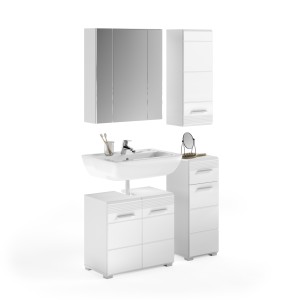 Ensemble de meuble de salle de bain : Meuble sous vasque + 2 demi colonne + Meuble de rangement avec miroir – Blanc laqué – KLEA
