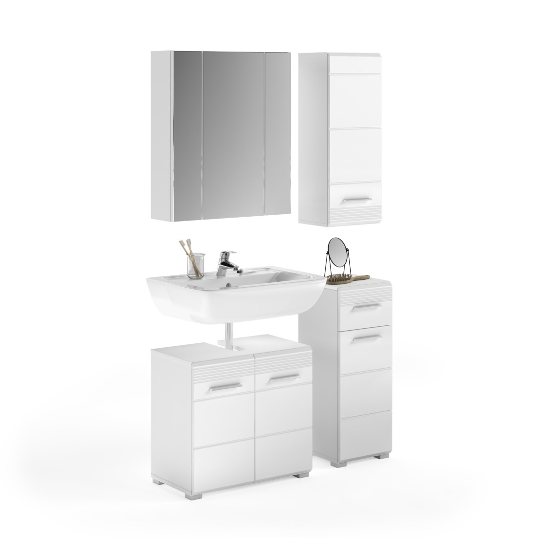 Ensemble de meuble de salle de bain : Meuble sous vasque + 2 demi colonne + Meuble de rangement avec miroir – Blanc laqué – KLEA