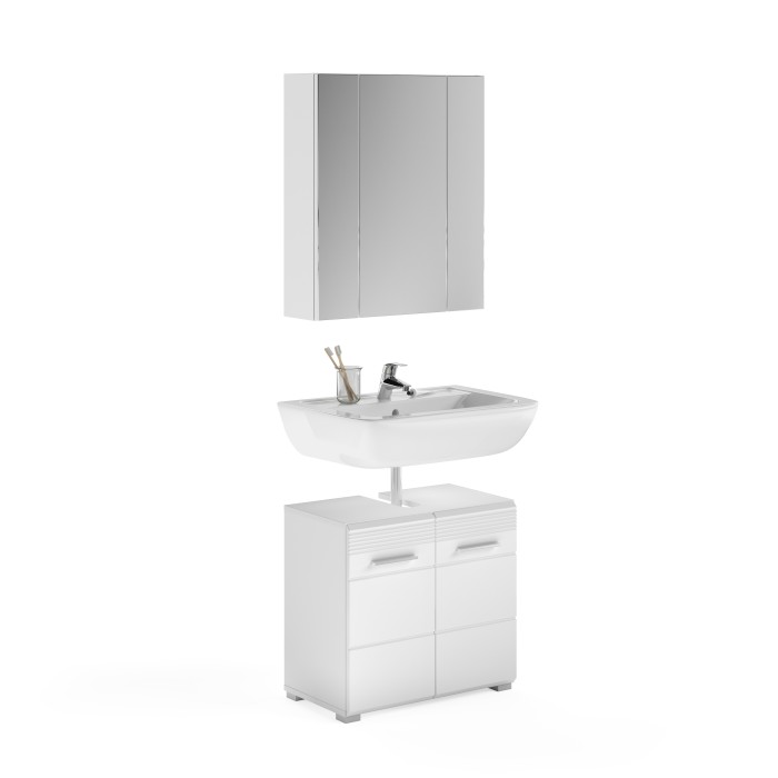 Ensemble de salle de bain : meuble sous vasque + meuble de rangement avec miroir – Blanc laqué – KLEANKIN 
