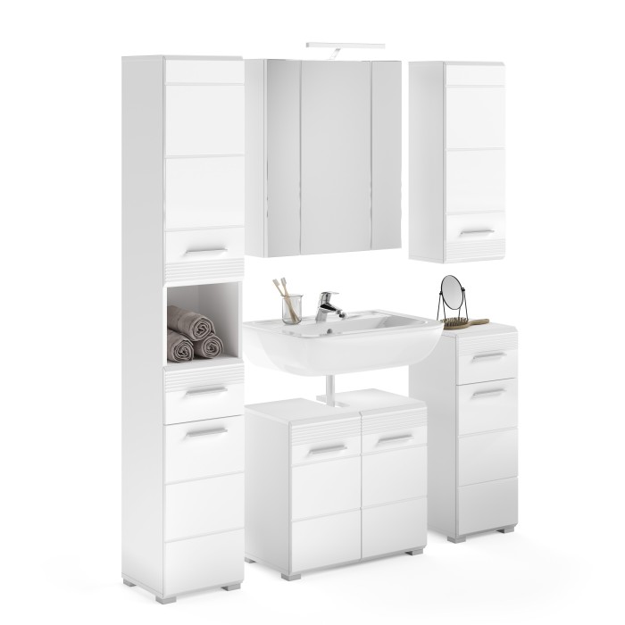 Ensemble de salle de bain : meuble sous vasque + 2 demi colonne + meuble de rangement avec miroir et LED + colonne de salle de b