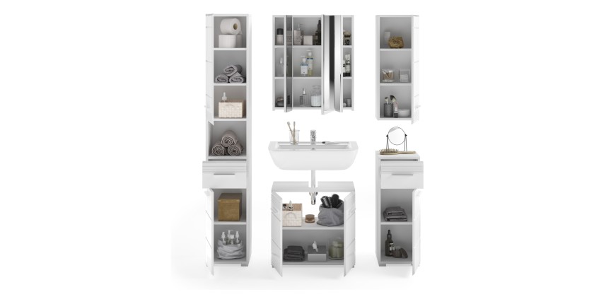 Ensemble de salle de bain : meuble sous vasque + 2 demi colonne + meuble de rangement avec miroir et LED + colonne de salle de b