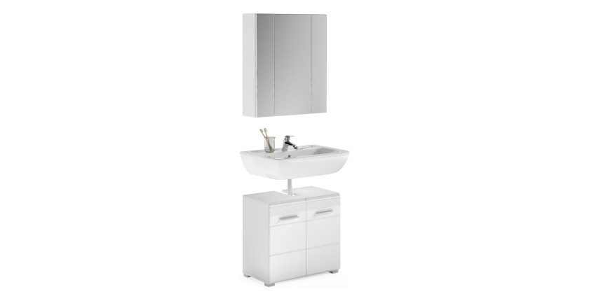 Ensemble de salle de bain : meuble sous vasque + meuble de rangement avec miroir – Blanc laqué – KLEANKIN 