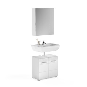 Ensemble de salle de bain : meuble sous vasque + meuble de rangement avec miroir – Blanc laqué – KLEANKIN 