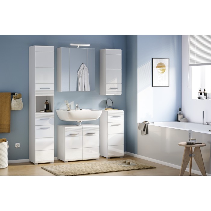 Ensemble de salle de bain : meuble sous vasque + meuble de rangement avec miroir – Blanc laqué – KLEANKIN 