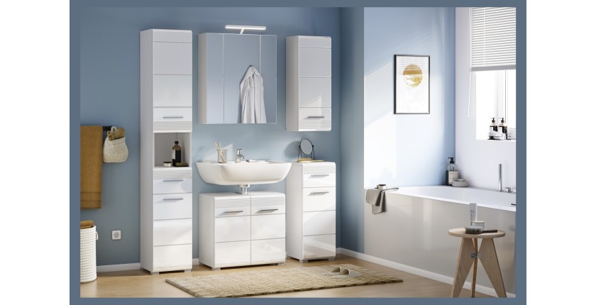 Ensemble de salle de bain : meuble sous vasque + meuble de rangement avec miroir – Blanc laqué – KLEANKIN 