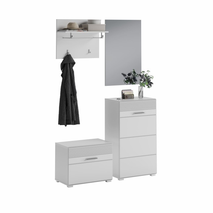 Ensemble de meuble d'entrée : Miroir + meuble à chaussures + porte manteau + meuble de rangement – Blanc laqué – KLEANKIN 