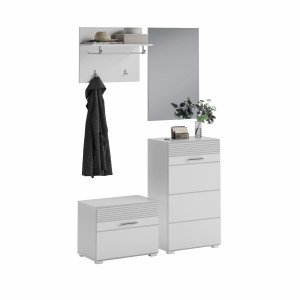 Ensemble de meuble d'entrée : Miroir + meuble à chaussures + porte manteau + meuble de rangement – Blanc laqué – KLEANKIN 
