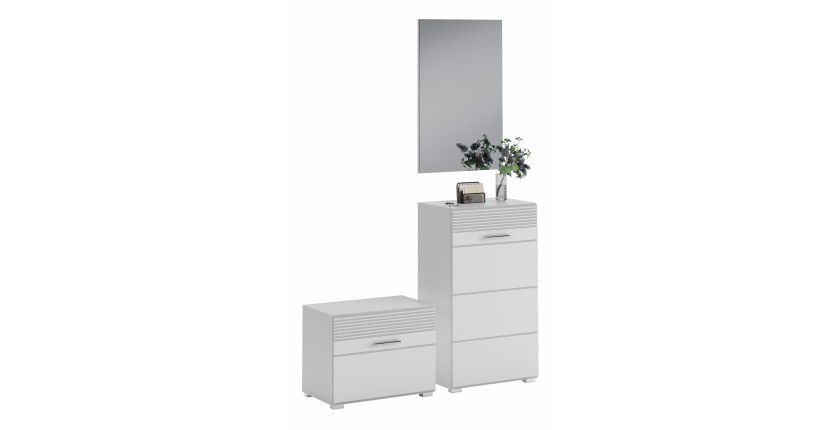 Ensemble de meuble d'entrée : Miroir + meuble à chaussures + meuble de rangement – Blanc laqué – KLEANKIN 