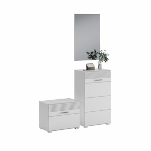 Ensemble de meuble d'entrée : Miroir + meuble à chaussures + meuble de rangement – Blanc laqué – KLEANKIN 