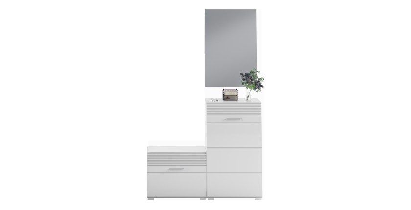 Ensemble de meuble d'entrée : Miroir + meuble à chaussures + meuble de rangement – Blanc laqué – KLEANKIN 
