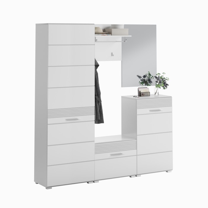 Ensemble de meuble d'entrée : Miroir + porte manteau + meuble à chaussures + 2 meubles de rangement – Blanc laqué – KLEANKIN 