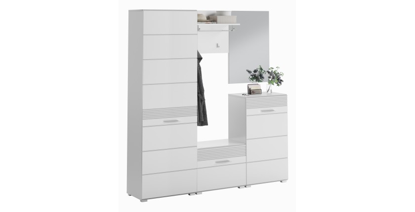 Ensemble de meuble d'entrée : Miroir + porte manteau + meuble à chaussures + 2 meubles de rangement – Blanc laqué – KLEANKIN 