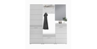 Ensemble de meuble d'entrée : Miroir + porte manteau + meuble à chaussures + 2 meubles de rangement – Blanc laqué – KLEANKIN 