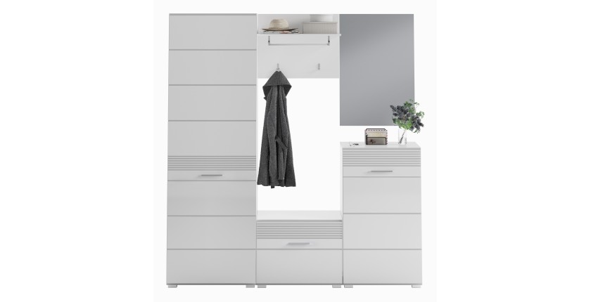 Ensemble de meuble d'entrée : Miroir + porte manteau + meuble à chaussures + 2 meubles de rangement – Blanc laqué – KLEANKIN 