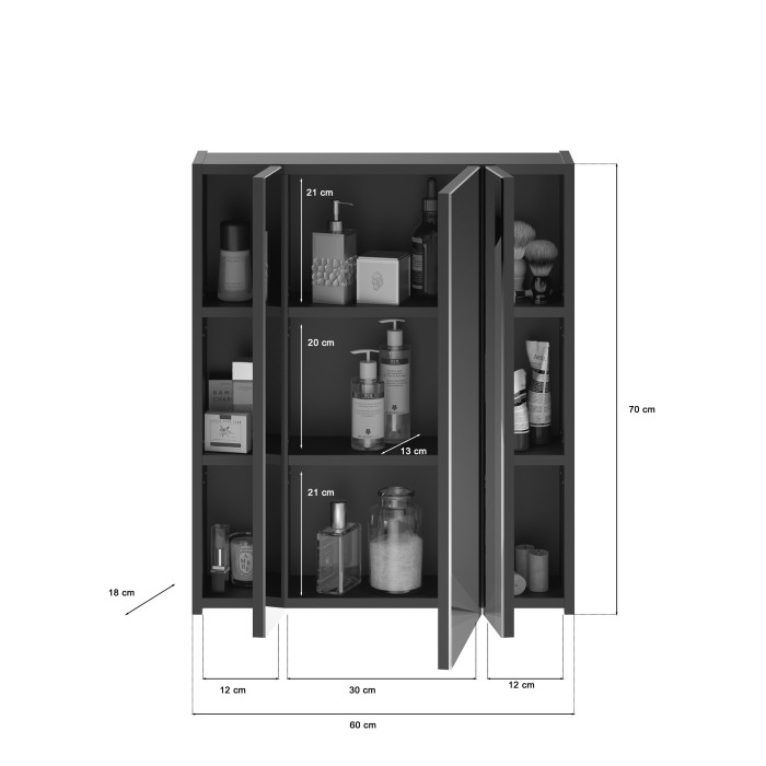 Meuble de rangement avec miroir et LED – Noir laqué – KLEANKIN 