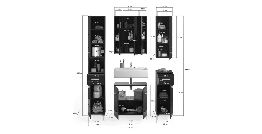 Ensemble de meubles de salle de bain : Meuble sous vasque + Colonne de salle de bain + 2 demi colonne + meuble de rangement avec