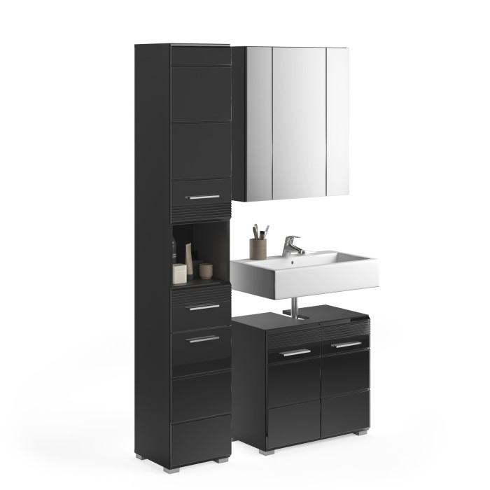 Ensemble de meubles de salle de bain : Meuble sous vasque + colonne de salle de bain + Meuble de rangement avec miroirs – Noir l