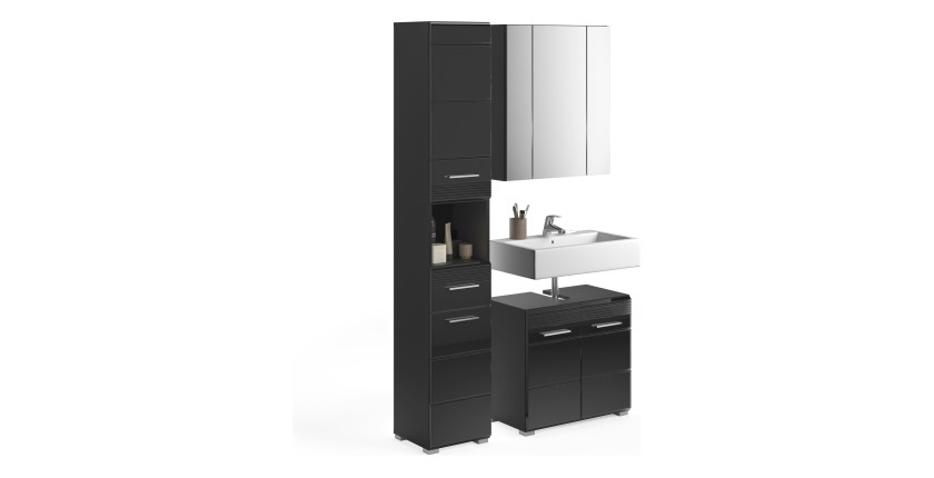Ensemble de meubles de salle de bain : Meuble sous vasque + colonne de salle de bain + Meuble de rangement avec miroirs – Noir l