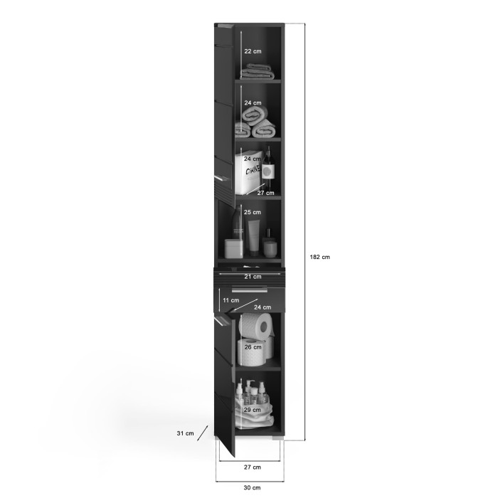 Ensemble de meubles de salle de bain : Meuble sous vasque + colonne de salle de bain + Meuble de rangement avec miroirs – Noir l
