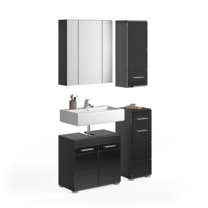 Ensemble de meubles de salle de bain : Meuble sous vasque + 2 demi colonnes + meuble de rangement avec miroirs – Noir laqué – KL