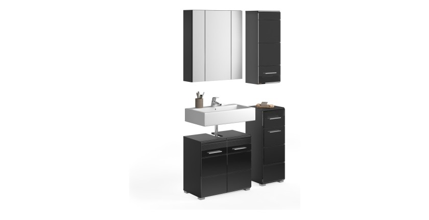 Ensemble de meubles de salle de bain : Meuble sous vasque + 2 demi colonnes + meuble de rangement avec miroirs – Noir laqué – KL