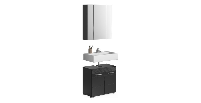 Ensemble de meubles de salle de bain : meuble sous vasque + armoire de rangement avec miroir – Noir laqué – KLEANKIN 