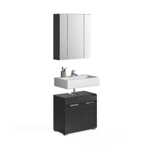 Ensemble de meubles de salle de bain : meuble sous vasque + armoire de rangement avec miroir – Noir laqué – KLEANKIN 