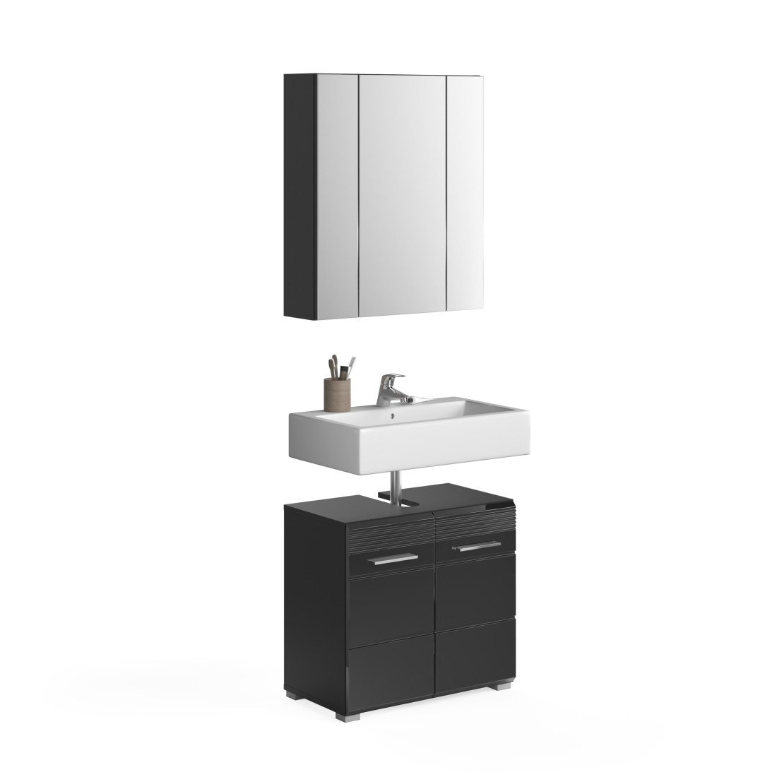 Ensemble de meubles de salle de bain : meuble sous vasque + armoire de rangement avec miroir – Noir laqué – KLEANKIN 
