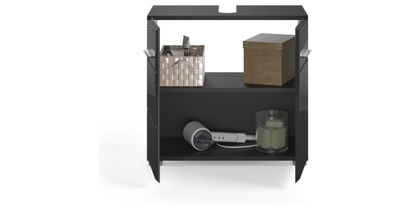Ensemble de meubles de salle de bain : meuble sous vasque + armoire de rangement avec miroir – Noir laqué – KLEANKIN 