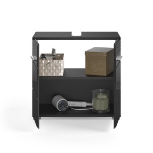 Ensemble de meubles de salle de bain : meuble sous vasque + armoire de rangement avec miroir – Noir laqué – KLEANKIN 