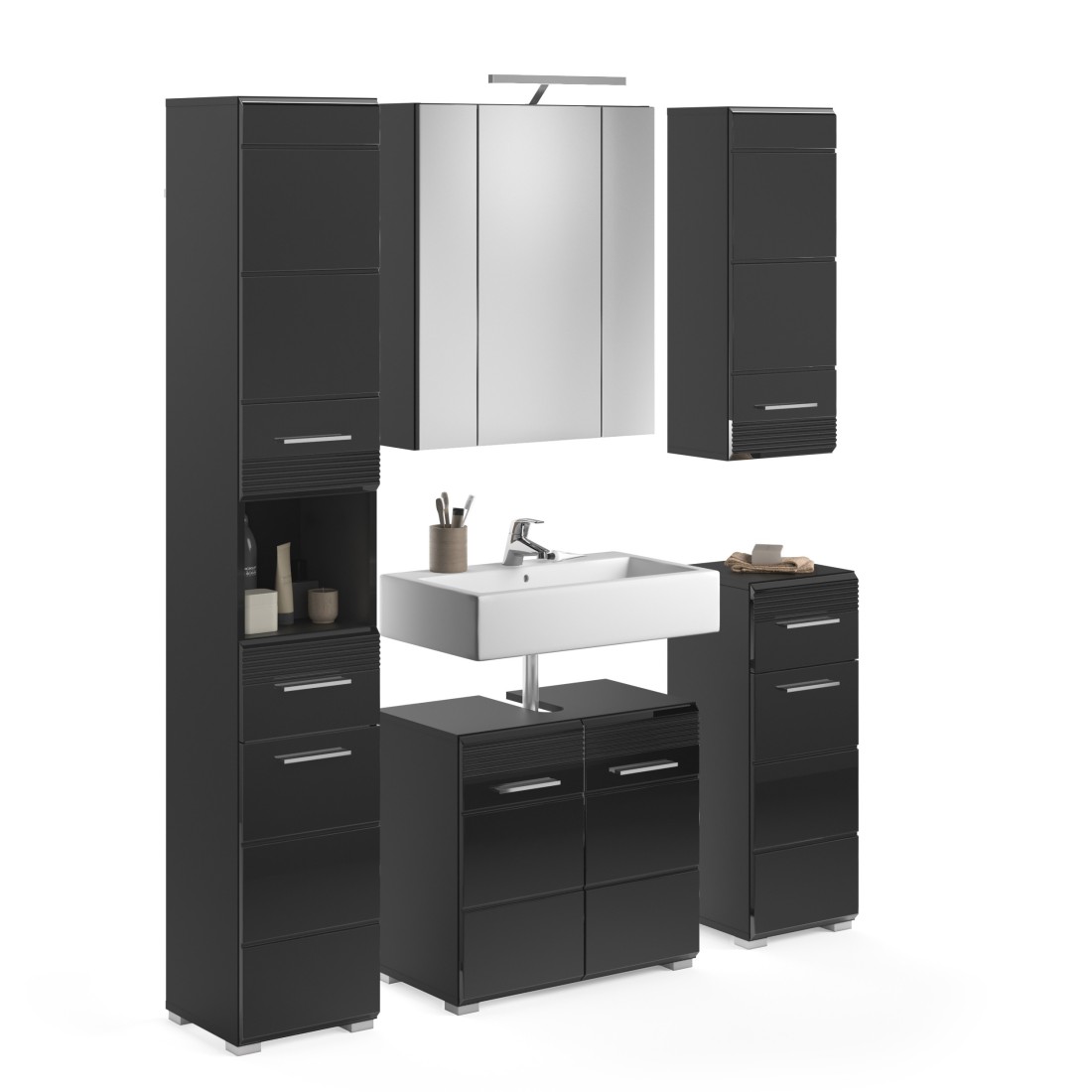 Ensemble de meubles de salle de bain : meuble sous vasque + colonne de salle de bain + 2 demi colonne + armoire de rangement ave