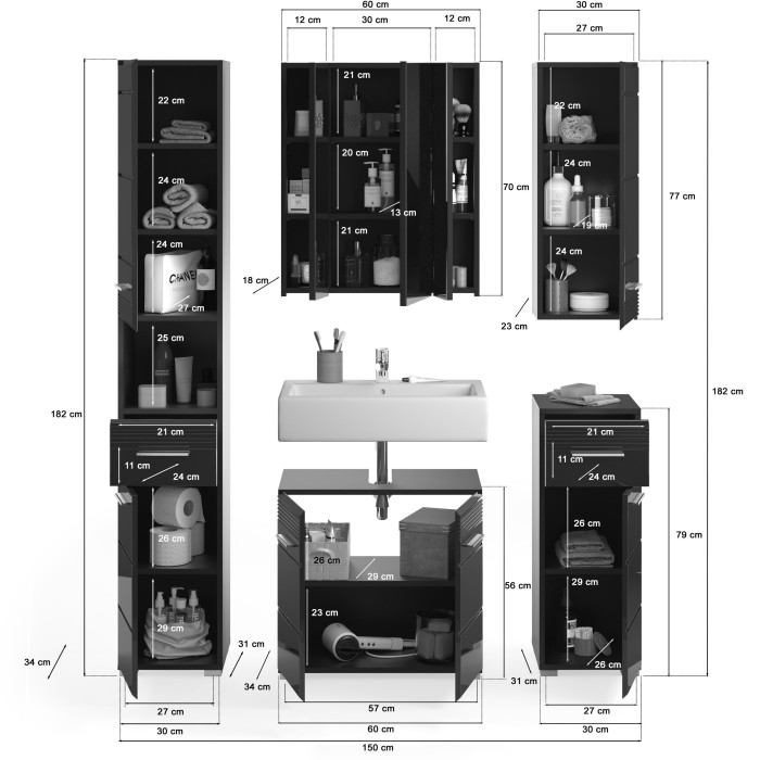 Ensemble de meubles de salle de bain : meuble sous vasque + colonne de salle de bain + 2 demi colonne + armoire de rangement ave