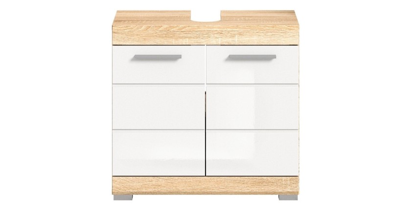Meuble sous vasque LEWOTO – 2 portes – Blanc et chêne clair 